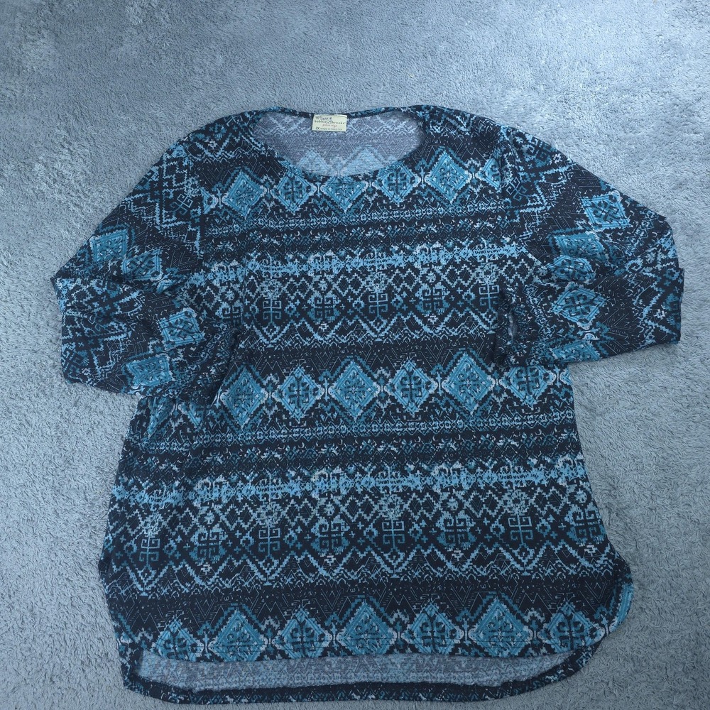 Bobbie Brooks Shirt Womens 2X Plus Blue Geometric Tunic Long Sleeve Stretch